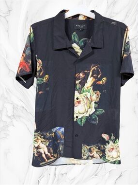 PacSun Men's Black Floral & Classical Art Short-Sleeve Button-Down Shirt